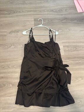 Black Satin Wrap Slip Dress with Tie - Women